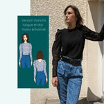 Homme portant la Blouse Quetzal | Taille 32 à 50 avec version longue, accompagnée d'une image du patron de couture pdf à télécharger.
