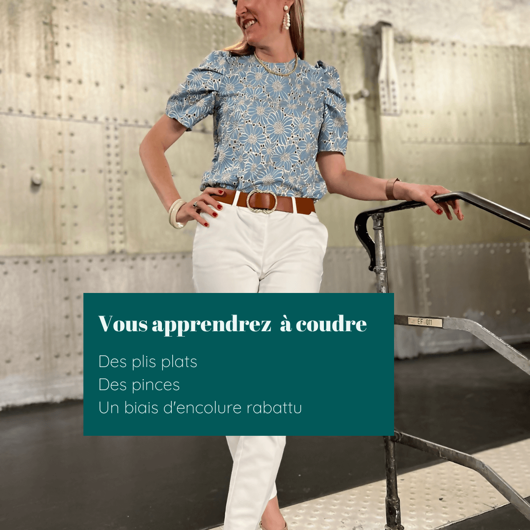 Femme portant la Blouse Quetzal avec manches bouffantes, illustrant le patron de couture PDF à télécharger. Taille 32 à 50 disponible.