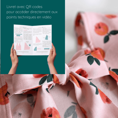 Livret du patron de couture pdf à télécharger pour Blouse Quetzal | Taille 32 à 50, avec tissu fleuri et nœud élégant.