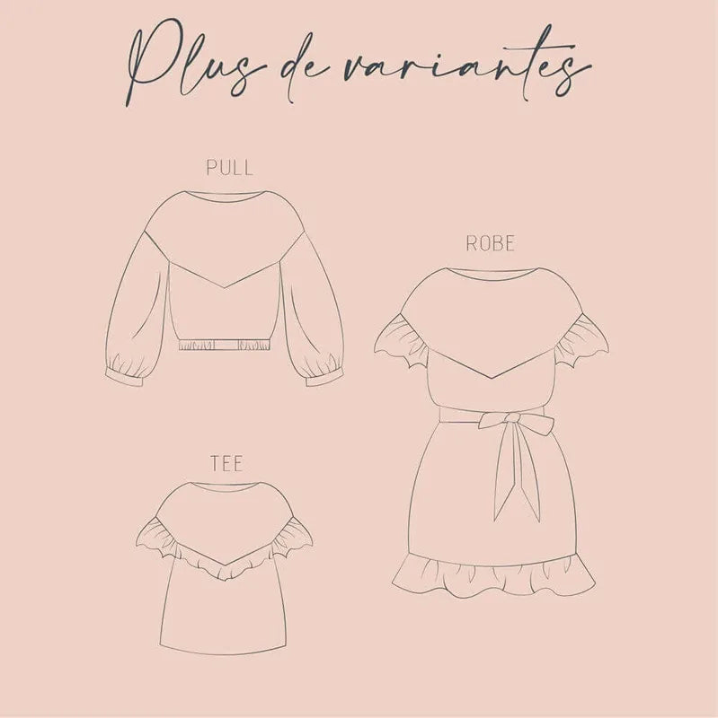 Illustration des variantes de "Blouse - Robe Embrun", patron de couture pdf à télécharger - pull, robe, tee.