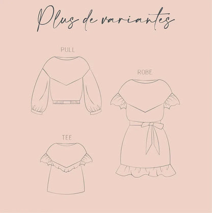 Illustration des variantes de "Blouse - Robe Embrun", patron de couture pdf à télécharger - pull, robe, tee.