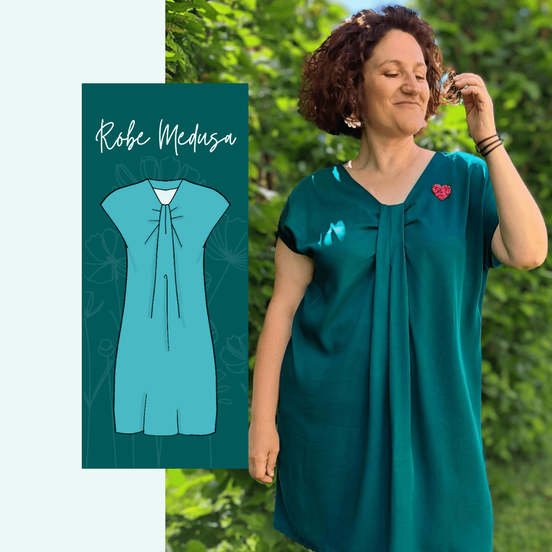 Femme portant la Blouse - Robe Medusa | Taille 32 à 52. Patron de couture PDF à télécharger avec pliage cravate.