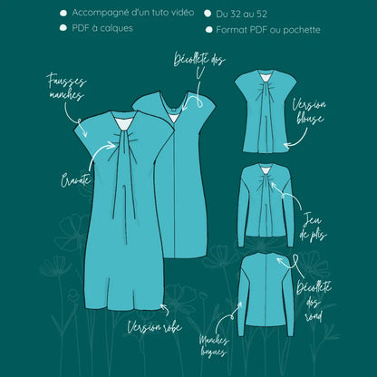 Blouse - Robe Medusa | Taille 32 à 52 patron de couture pdf à télécharger, version blouse et robe avec différentes manches.