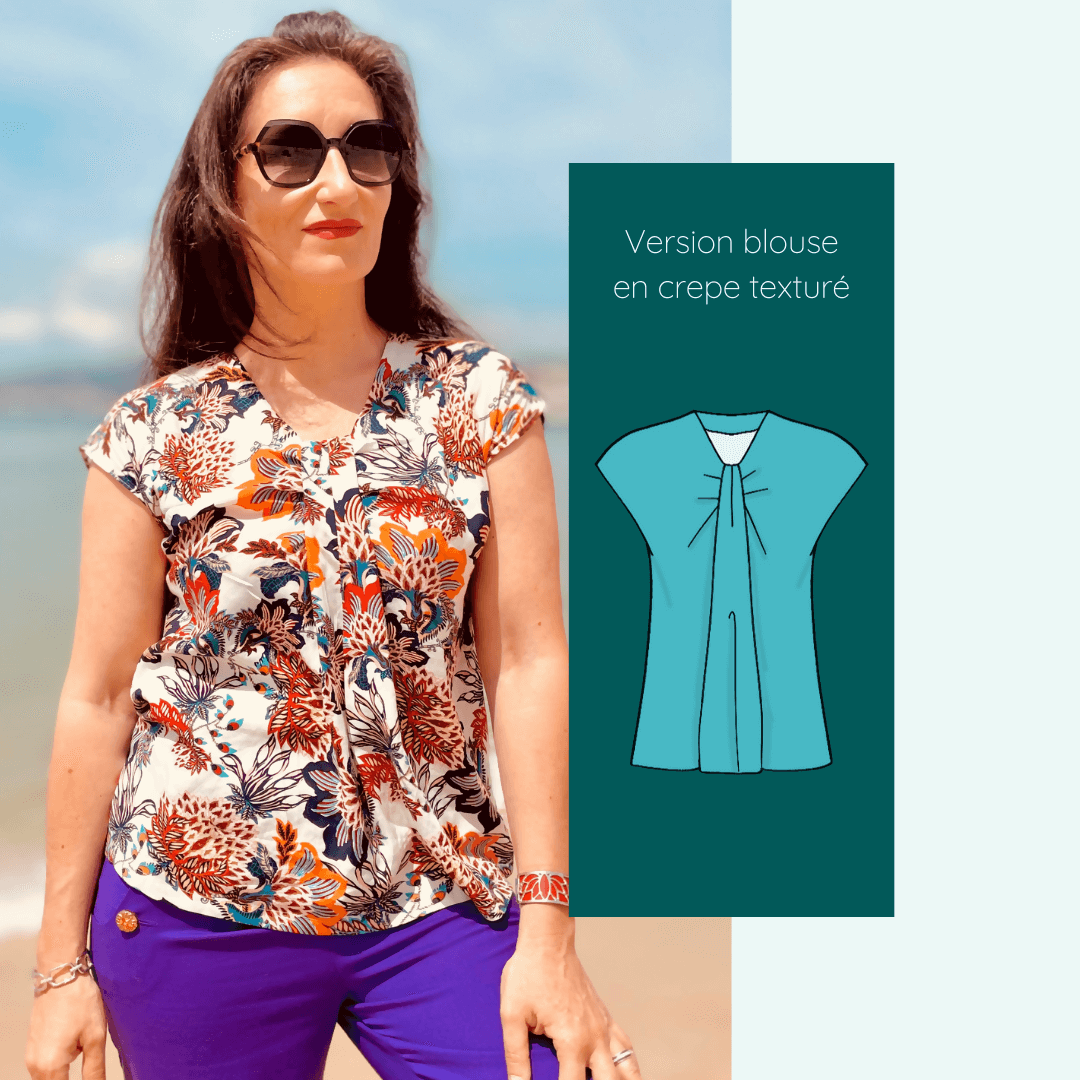 Blouse - Robe Medusa | Taille 32 à 52, patron de couture pdf à télécharger, version blouse avec pliage cravate en crepe texturé.
