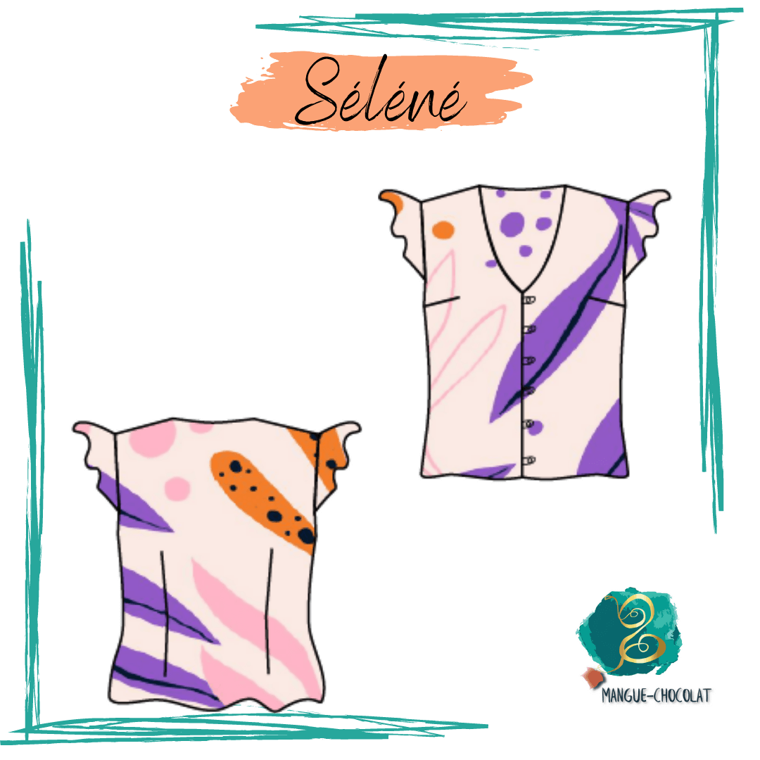 Blouse Séléné - T36 à 50 avec volants, col en V et boutons, patron de couture pdf à télécharger. Illustrations recto verso du modèle.