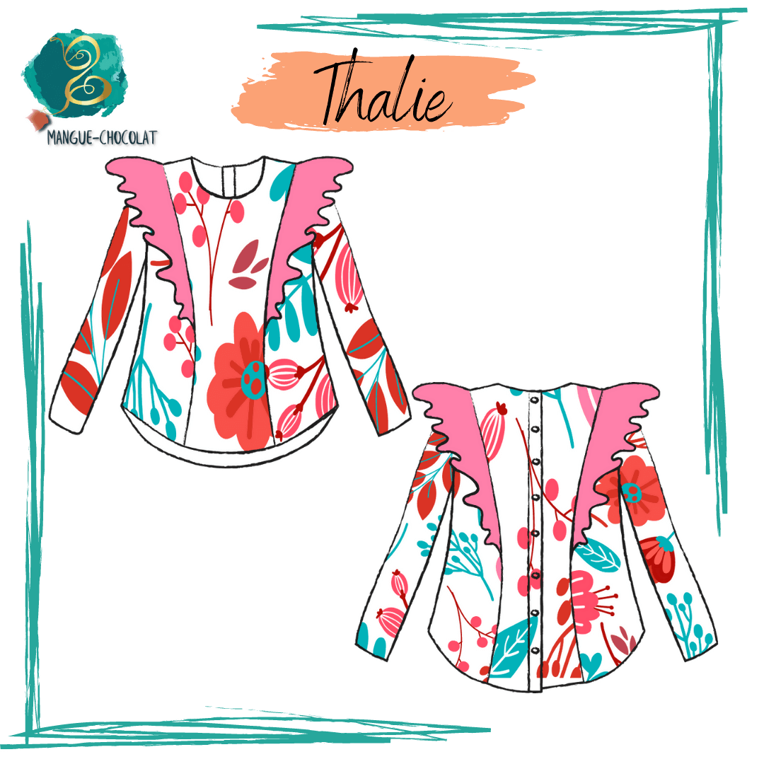 Blouse Thalie, modèle de couture avec volants aux épaules, col rond, à télécharger en format PDF pour tailles 36 à 50.