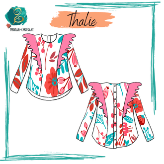 Blouse Thalie, modèle de couture avec volants aux épaules, col rond, à télécharger en format PDF pour tailles 36 à 50.