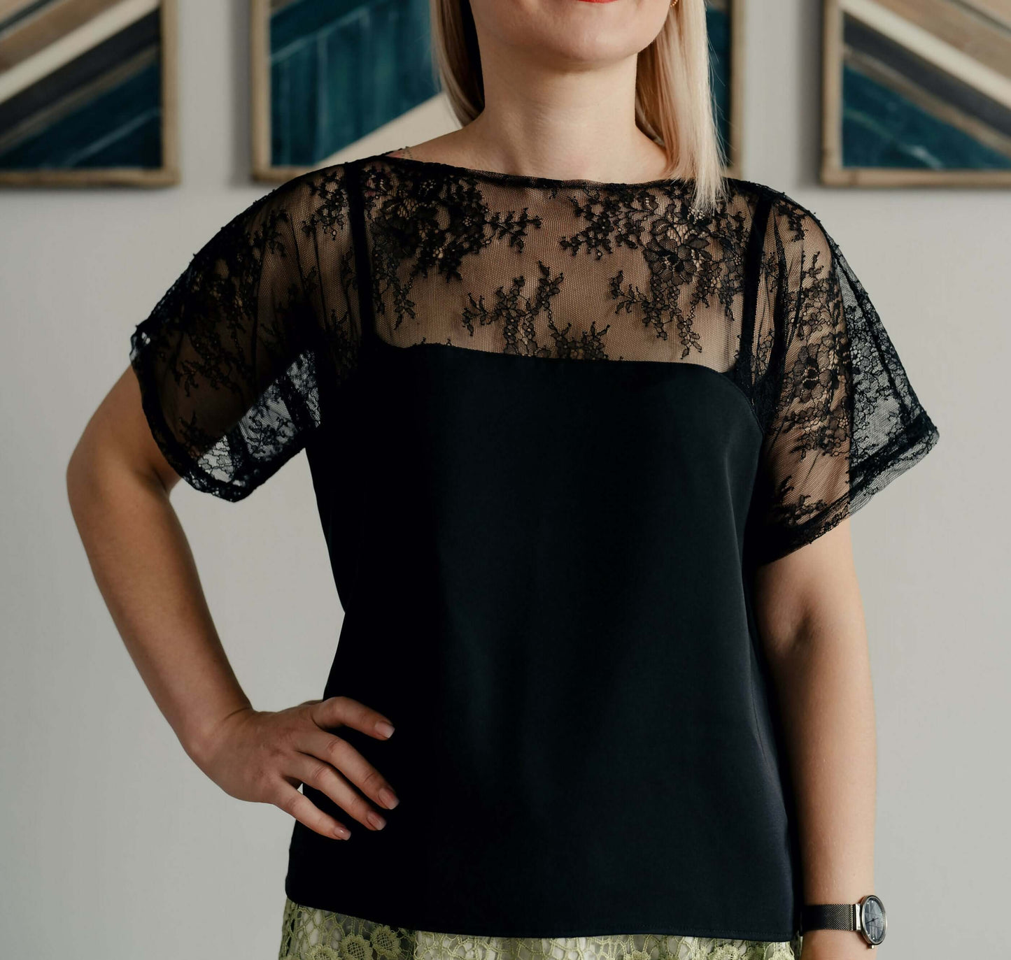 Blouse noire avec dentelle pour patron de couture PDF à télécharger - Blouse - XS/L - LOO