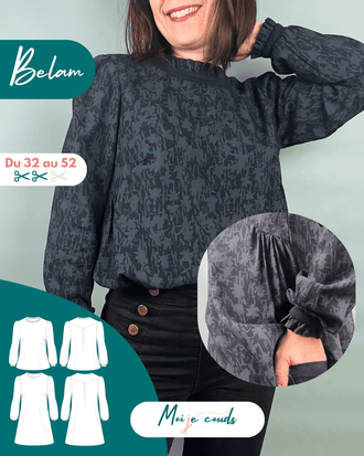 Blouse ou Robe Belam - du 32 au 52, patron de couture pdf à télécharger, présenté sur mannequin avec détails et finitions.