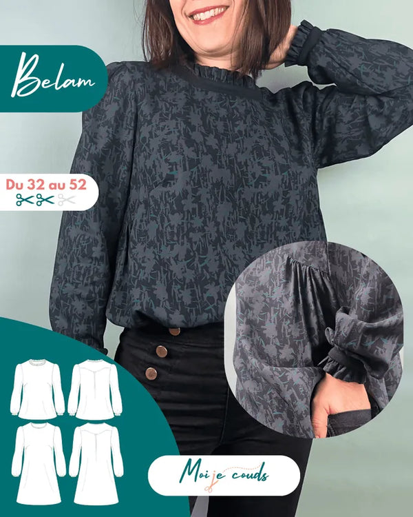 Blouse ou Robe Belam - du 32 au 52, patron de couture pdf à télécharger, présenté sur mannequin avec détails et finitions.