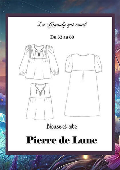 Illustration du patron de couture pdf à télécharger Blouse ou robe Pierre de Lune, avec options de manches et plis obliques.