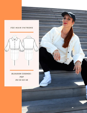 Modèle du blouson Cosmos, style décontracté et chic, disponible en PDF, tailles 32 à 46 pour personnalisation en couture.
