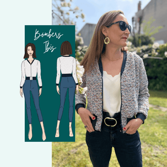 Femme portant le Bombers Ibis | Taille 32 à 52, blouson féminin avec col V, illustration du patron de couture pdf à télécharger.