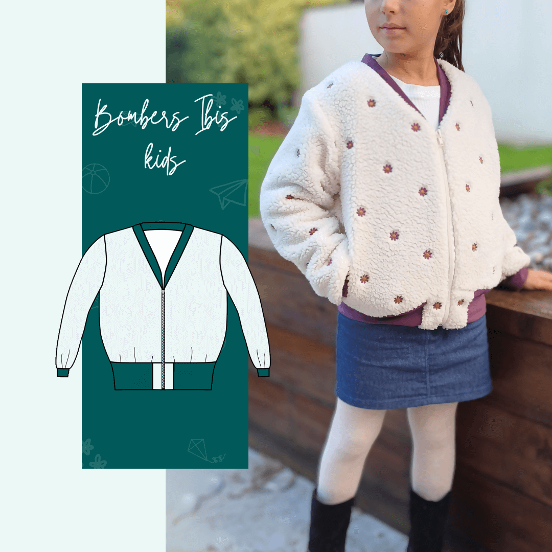 Enfant portant le Bombers Ibis kids | Taille 2 à 12 ans, blouson original avec col V et bord-côte, patron de couture pdf à télécharger.
