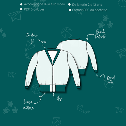 Illustration du Bombers Ibis kids | Taille 2 à 12 ans avec détails du modèle. Patron de couture pdf à télécharger.