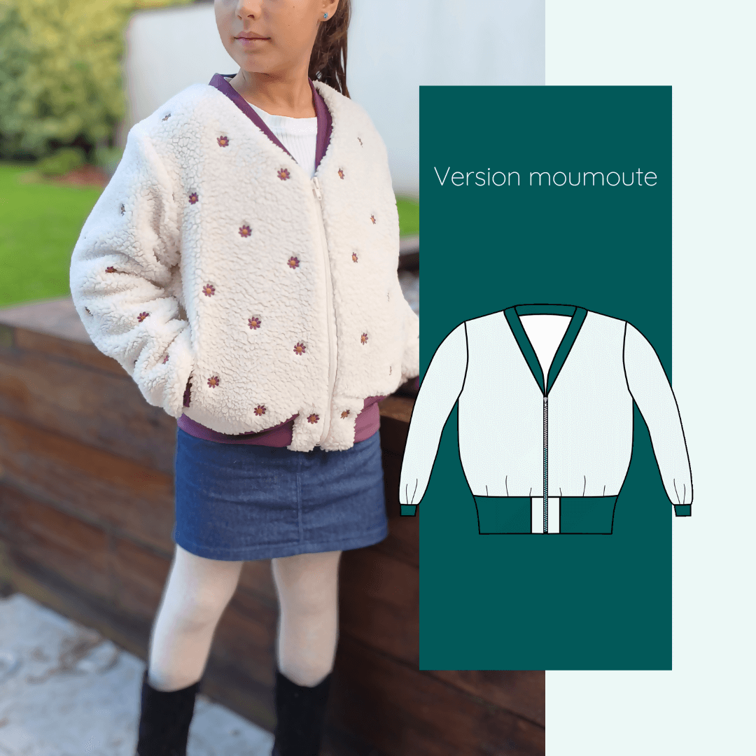 Fille portant le Bombers Ibis kids | Taille 2 à 12 ans, en version moumoute. Patron de couture PDF à télécharger inclus.