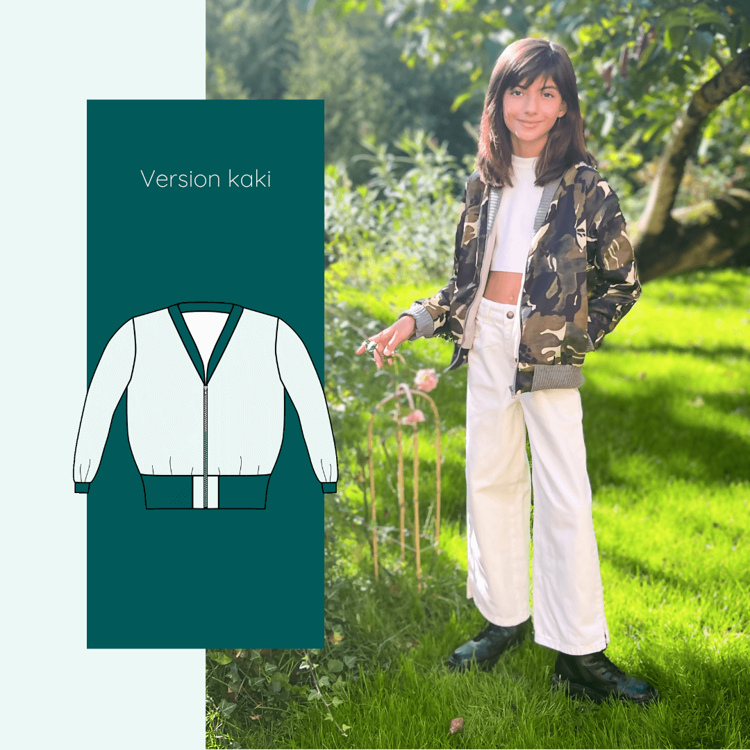 Enfant portant un Bombers Ibis kids | Taille 2 à 12 ans en version kaki, avec bord-côte et col V. Patron de couture pdf à télécharger.