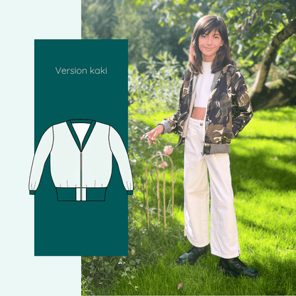Enfant portant un Bombers Ibis kids | Taille 2 à 12 ans en version kaki, avec bord-côte et col V. Patron de couture pdf à télécharger.