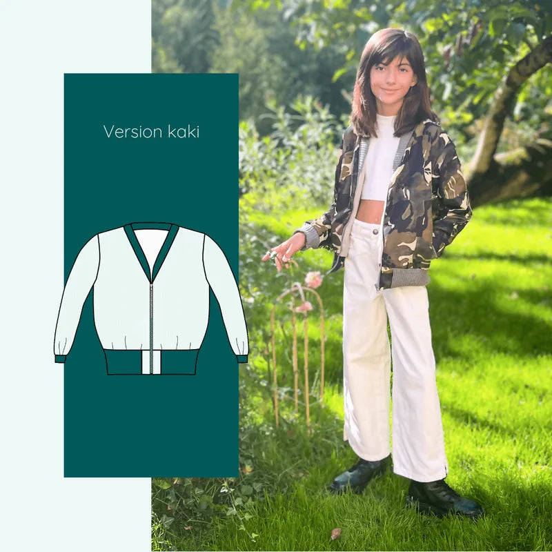 Enfant portant un Bombers Ibis kids | Taille 2 à 12 ans en version kaki, avec bord-côte et col V. Patron de couture pdf à télécharger.