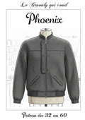 Patron PDF Bomber Phoenix du 32 au 60, vue de face en sergé à motif chevron gris, col montant et poches plaquées