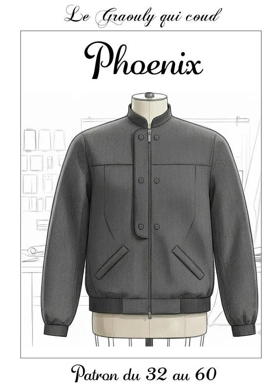 Patron PDF Bomber Phoenix du 32 au 60, vue de face en sergé à motif chevron gris, col montant et poches plaquées