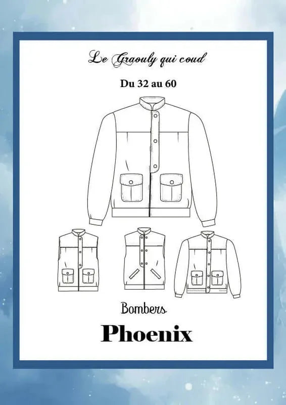 Patron PDF Bombers Phoenix du 32 au 60, veste et gilet avec poches plaquées, col montant et fermeture boutonnée