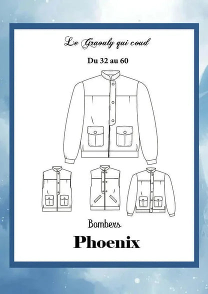 Patron PDF Bombers Phoenix du 32 au 60, veste et gilet avec poches plaquées, col montant et fermeture boutonnée