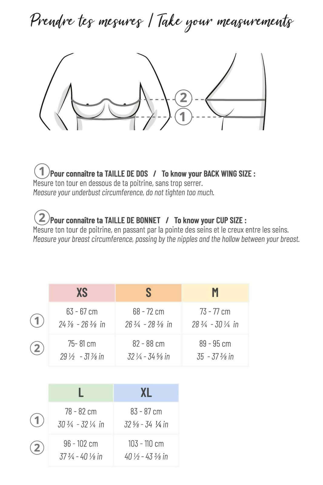 Guide de mesures pour choisir la taille de la Brassière Cherlylada (2 versions), patron de couture pdf à télécharger.