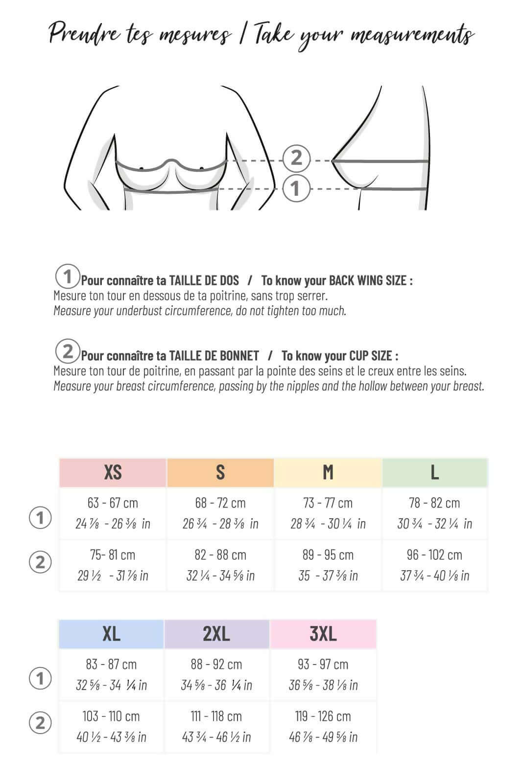 Guide de mesure pour brassière Curaçao, indiquant tailles de dos et de bonnet, en français et anglais.