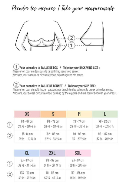 Guide de mesure pour brassière Curaçao, indiquant tailles de dos et de bonnet, en français et anglais.