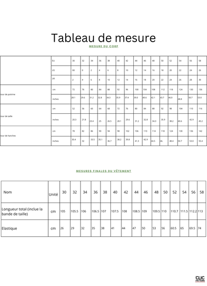 Tableau de mesure pour le CALI PANTALON-taille de 30 à 58 EU, patron de couture pdf à télécharger, montrant les dimensions en cm.