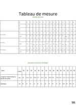 Tableau de mesure pour le CALI PANTALON-taille de 30 à 58 EU, patron de couture pdf à télécharger, montrant les dimensions en cm.