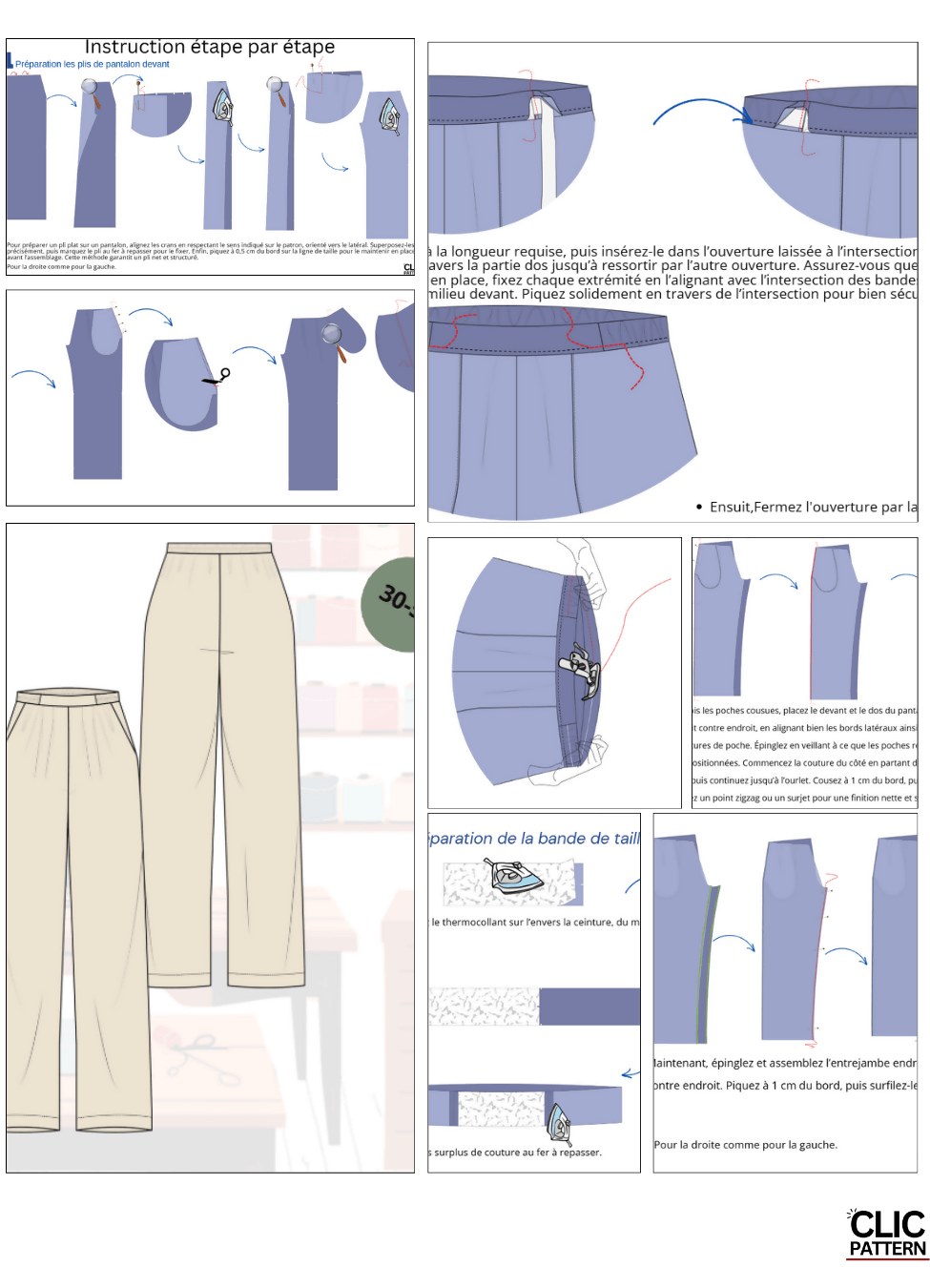 Patron de couture pdf à télécharger pour CALI PANTALON-taille de 30 à 58 EU avec instructions et détails de coupe et couture.