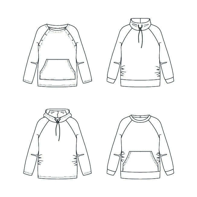 Illustration des modèles de "CHATAIGNE - LE sweat aux 32 versions", patron de couture pdf à télécharger en différentes déclinaisons.