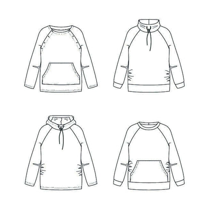 Illustration des modèles de "CHATAIGNE - LE sweat aux 32 versions", patron de couture pdf à télécharger en différentes déclinaisons.