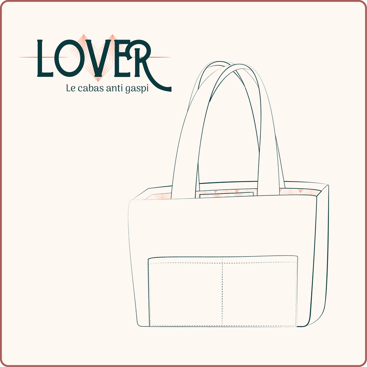 Design du sac Cabas LOVER avec deux poches extérieures, disponible en patron de couture pdf à télécharger.