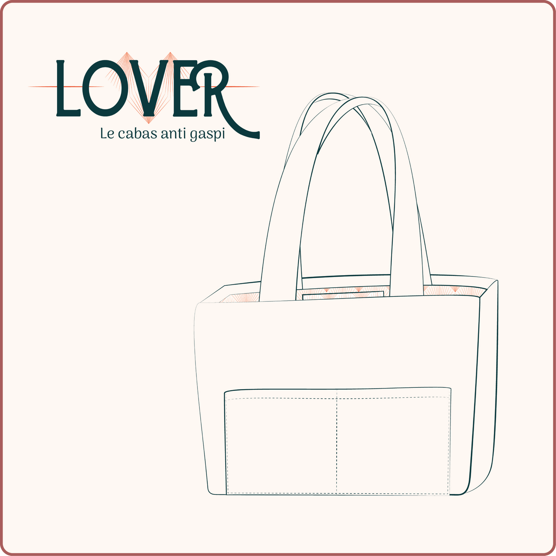 Design du sac Cabas LOVER avec deux poches extérieures, disponible en patron de couture pdf à télécharger.