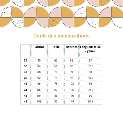 Guide des mensurations de vêtements avec tableau des tailles pour poitrine, taille, hanches et longueur en centimètres.