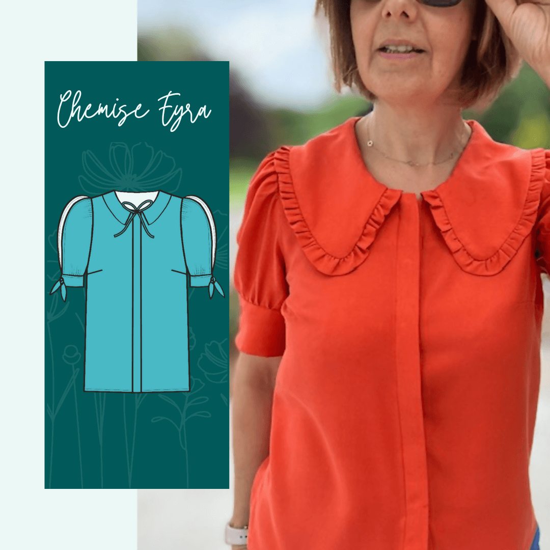 Patron de couture pdf à télécharger pour Chemise Eyra | Taille 32 à 52, moderne et féminine avec manches bouffantes et col élégant.