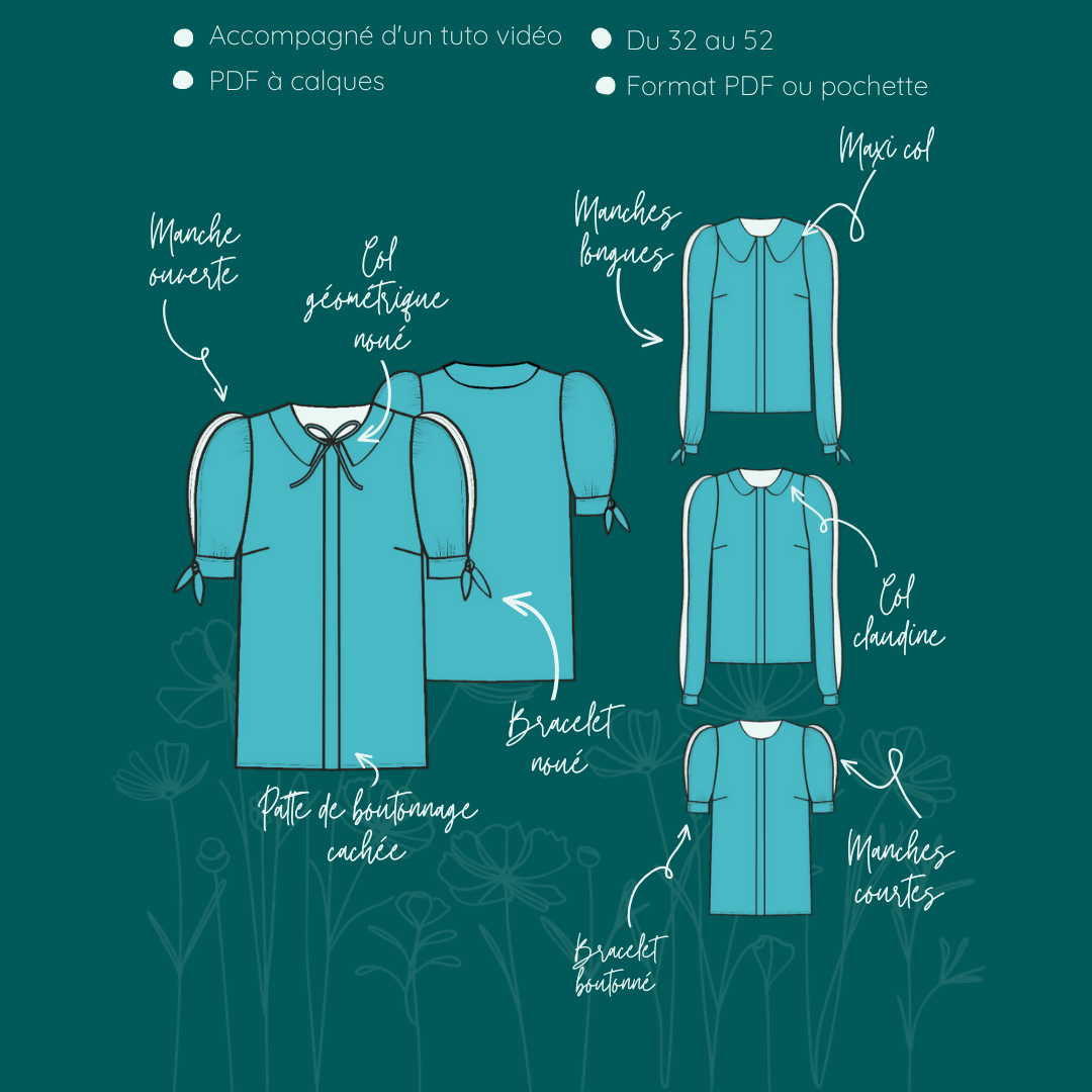Chemise Eyra | Taille 32 à 52, patron de couture PDF à télécharger avec détails modernes et manches bouffantes, guide illustré.