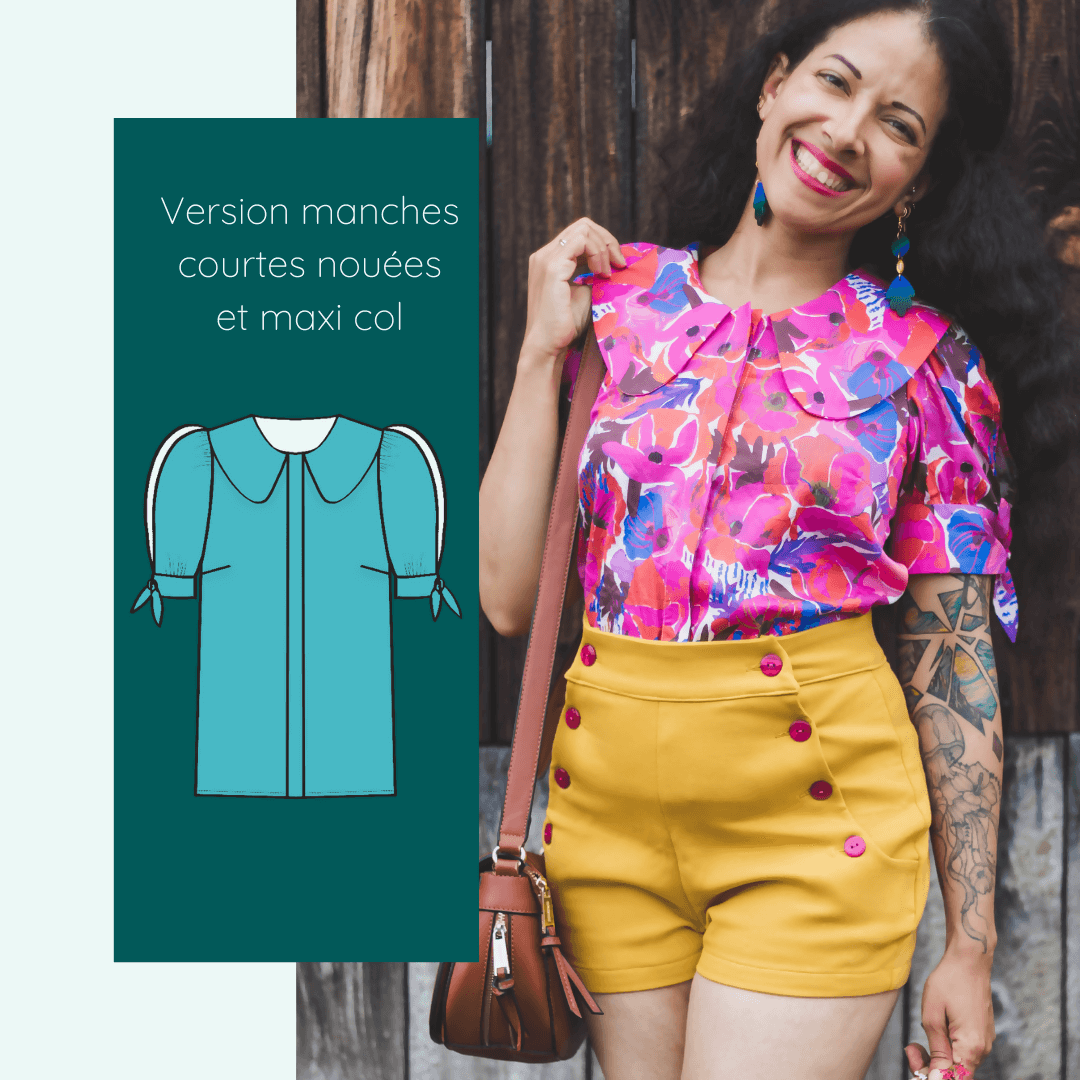 Femme souriante portant la Chemise Eyra | Taille 32 à 52 avec manches courtes nouées, patron de couture pdf à télécharger.