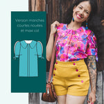 Femme souriante portant la Chemise Eyra | Taille 32 à 52 avec manches courtes nouées, patron de couture pdf à télécharger.