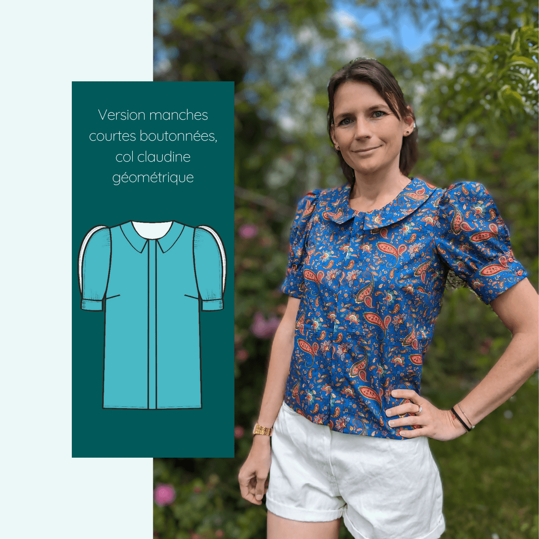 Femme portant la Chemise Eyra | Taille 32 à 52 avec manches bouffantes, patron de couture PDF à télécharger.