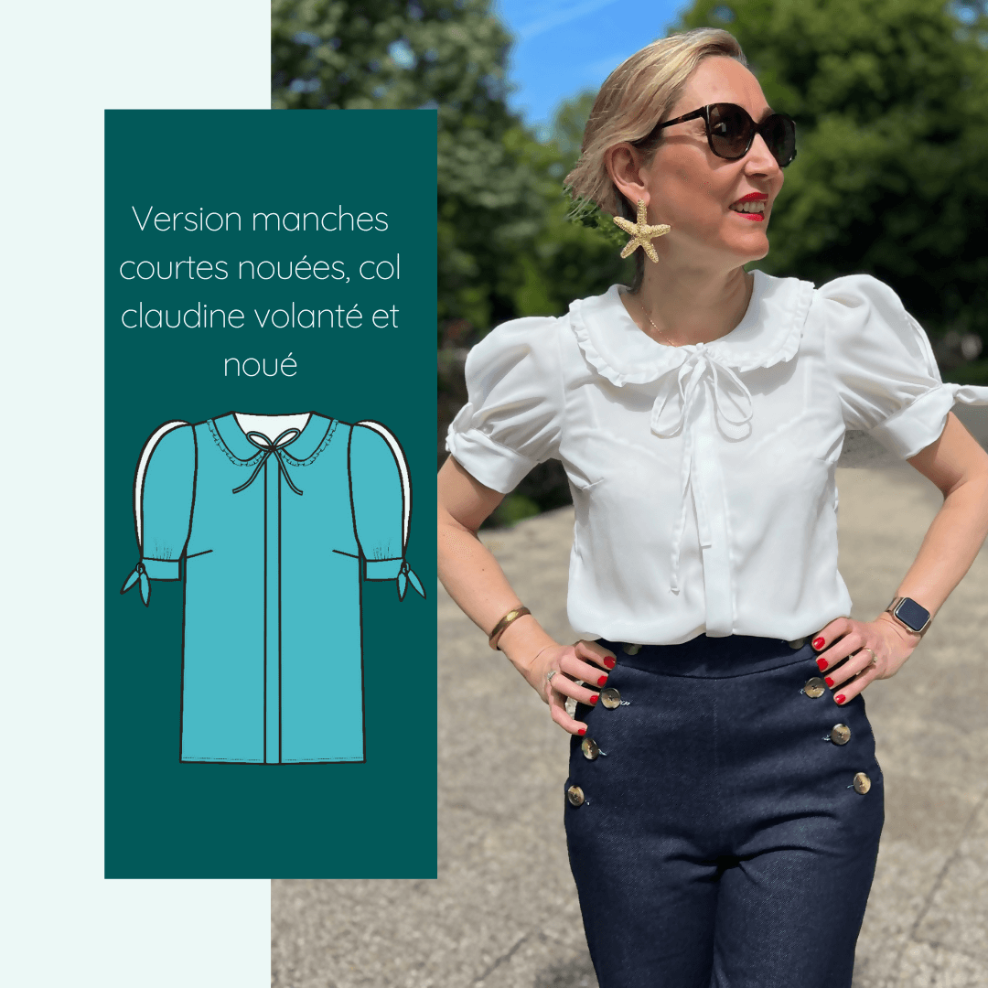 Chemise Eyra | Taille 32 à 52, patron de couture pdf à télécharger, manches courtes nouées, col claudine, look moderne et élégant.