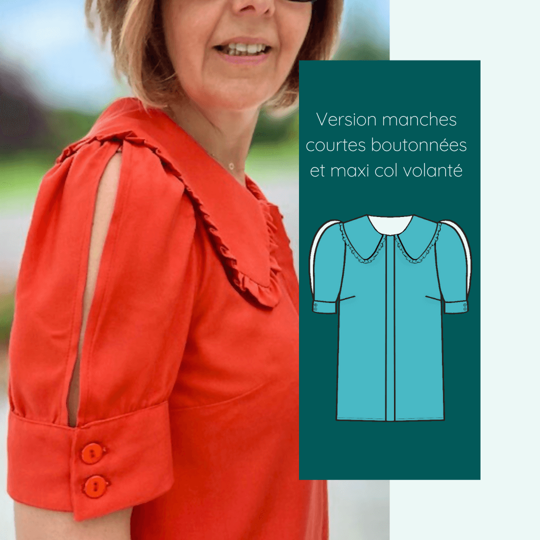 Chemise Eyra | Taille 32 à 52 montrée avec manches courtes bouffantes, patron de couture pdf à télécharger disponible.