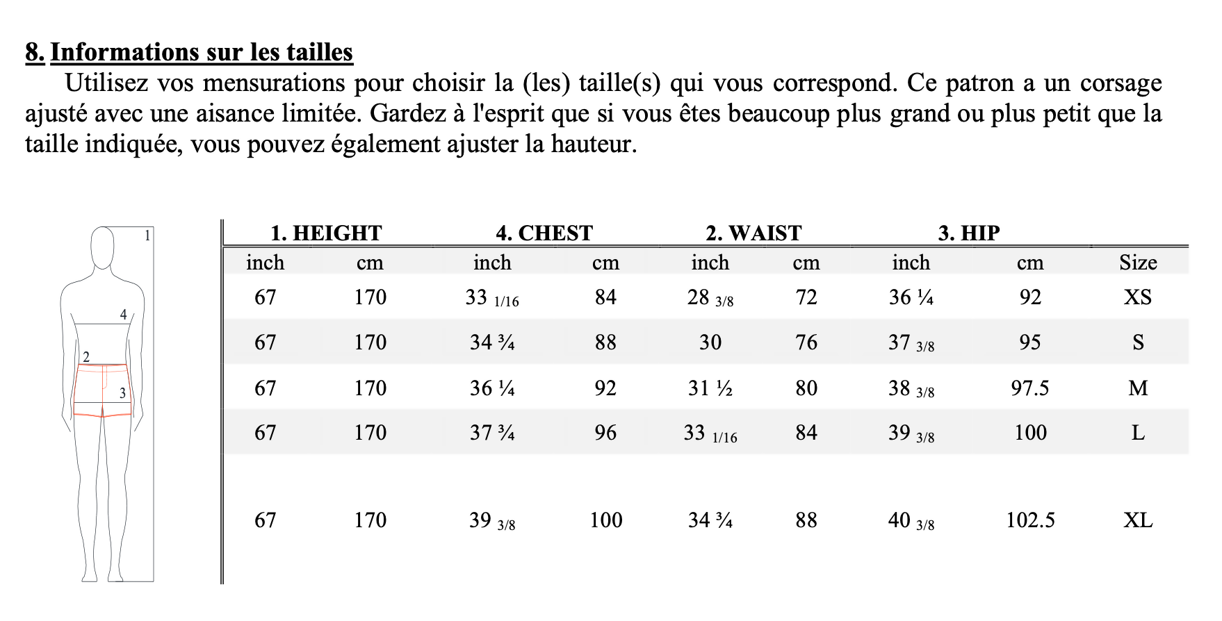 Tableau des tailles pour le patron de couture Chemise classique - XS/XL - HARVEY, incluant les mesures de poitrine, taille et hanches en cm et pouces.