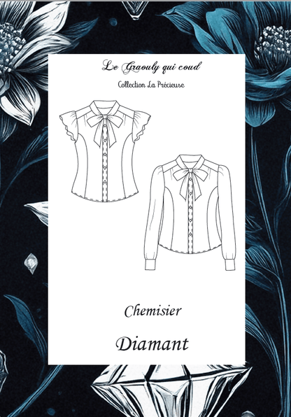 Patron de couture Chemisier Diamant PDF à télécharger, modèle élégant de la Collection La Précieuse, blouses sans manches et manches longues.