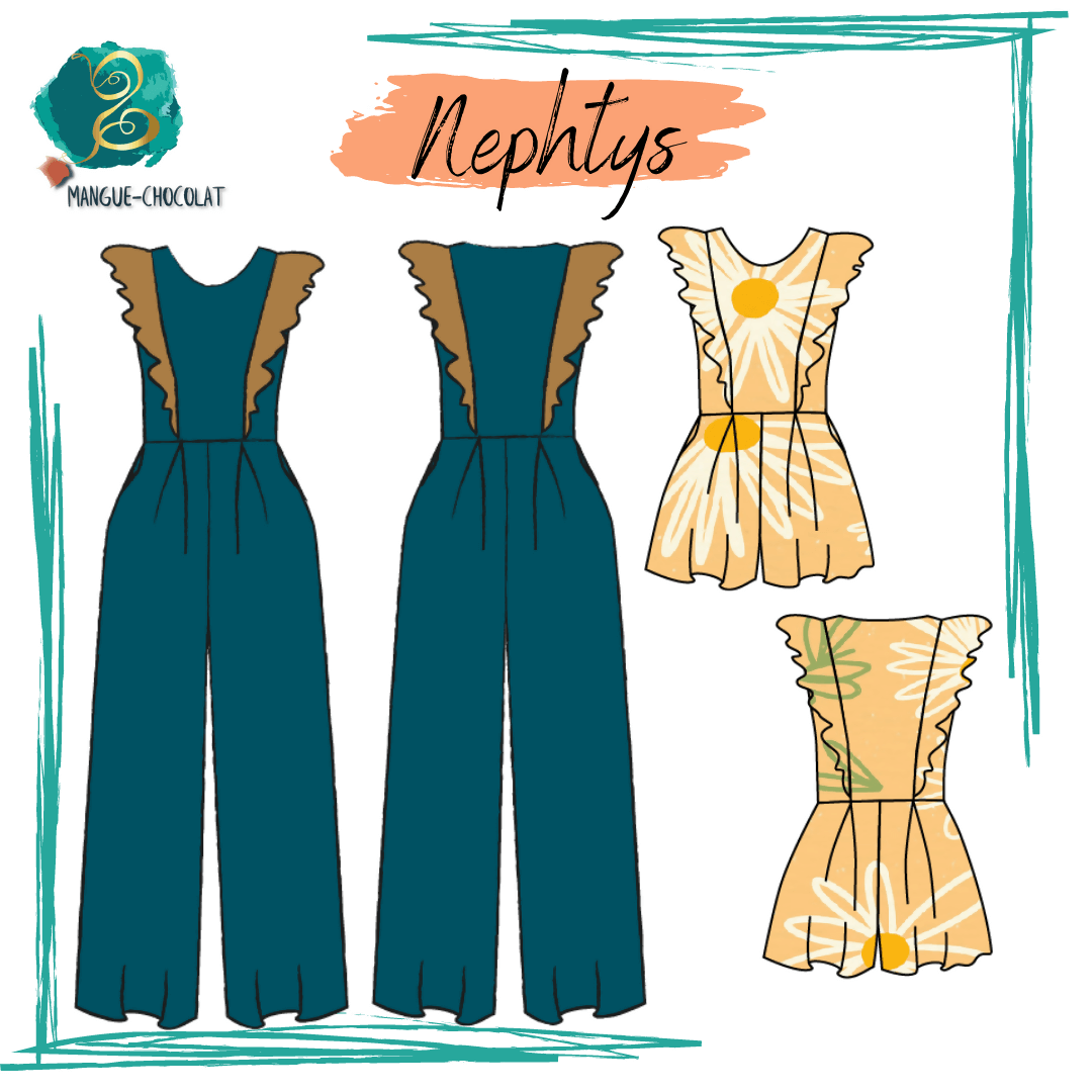 Patron de couture pdf à télécharger Combinaison Pantalon/Short Nephtys - T36 à 50 avec volants et poches invisibles.