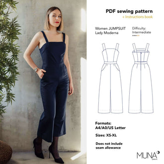 Femme portant une combinaison, patron de couture pdf à télécharger, Combinaison - XS/XL - Lady Moderna, tailles XS à XL, niveau intermédiaire.
