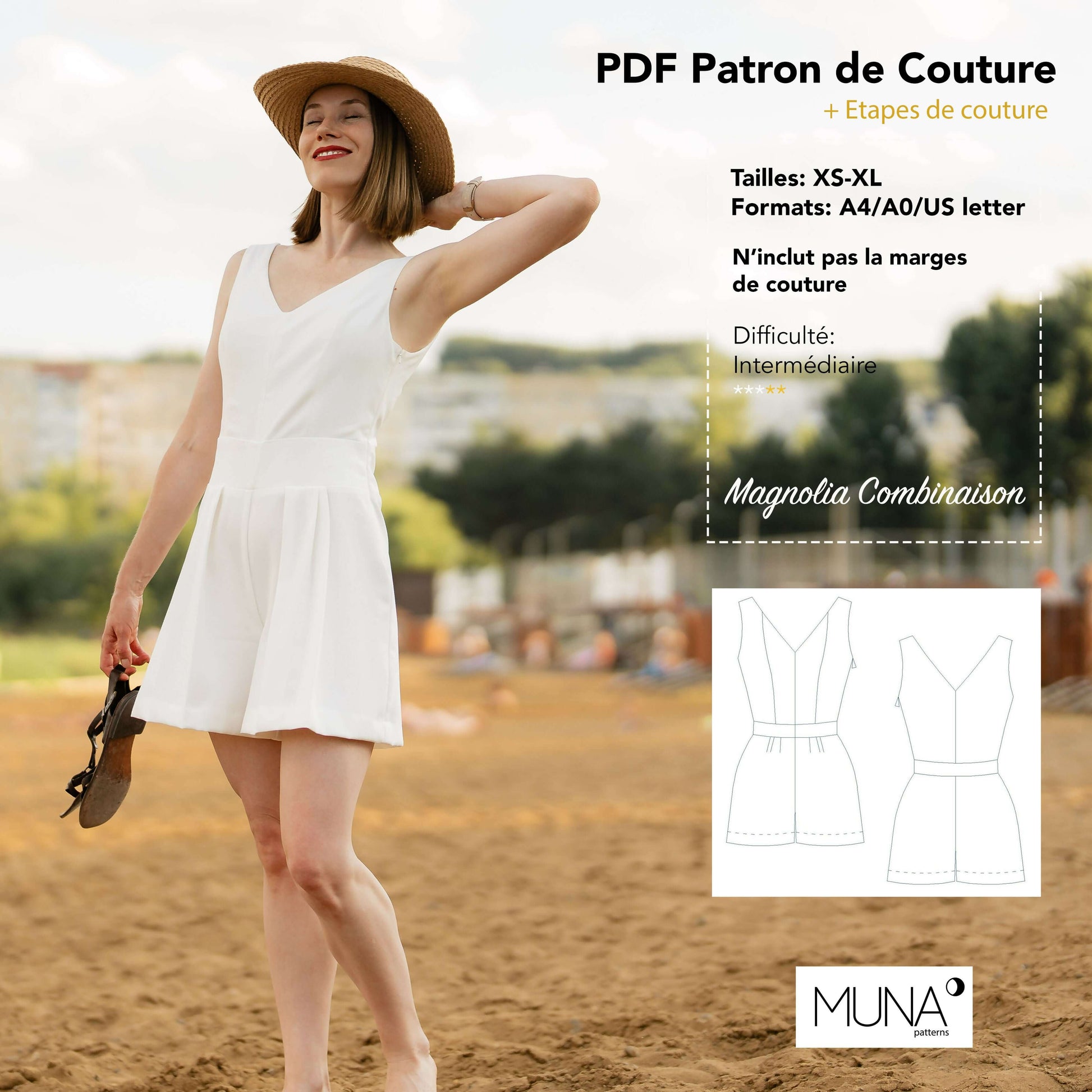 Femme portant une combinaison - XS/XL - MAGNOLIA, patron de couture pdf à télécharger de MUNA Patterns, format A4/A0/US Letter, difficulté intermédiaire.